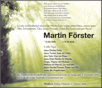 Traueranzeige von Martin Förster von Südthüringer Presse