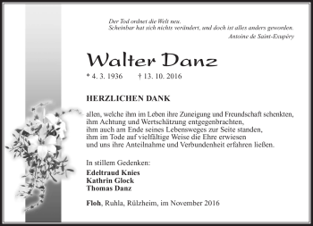 Traueranzeige von Walter Danz von Südthüringer Presse