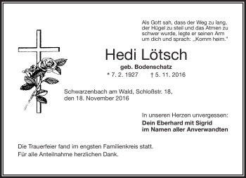 Traueranzeige von Hedi Lötsch von Frankenpost