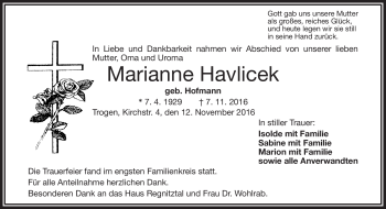Traueranzeige von Marianne Havlicek von Frankenpost