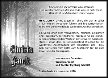 Traueranzeige von Christa Jandzt von Südthüringer Presse