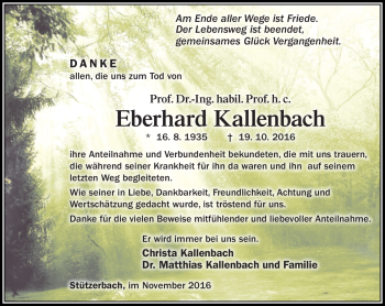 Traueranzeige von Eberhard Kallenbach von Südthüringer Presse