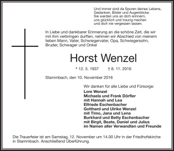 Traueranzeige von Horst Wenzel von Frankenpost