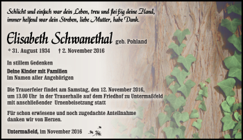 Traueranzeige von Elisabeth Schwanethal von Südthüringer Presse