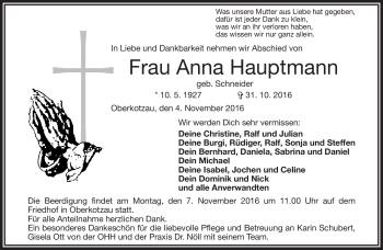 Traueranzeige von Anna Hauptmann von Frankenpost