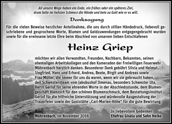 Traueranzeige von Heinz Griep von Südthüringer Presse