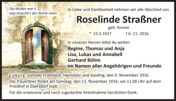 Traueranzeige von Roselinde Straßner von Neue Presse Coburg