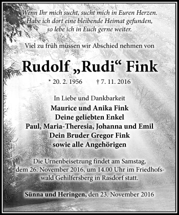 Traueranzeige von Rudolf Fink von Südthüringer Presse