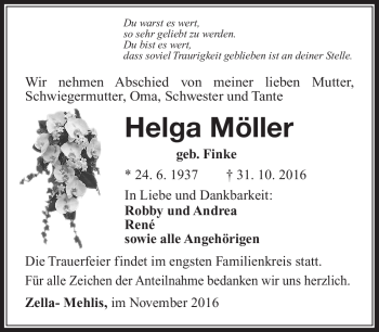 Traueranzeige von Helga Möller von Südthüringer Presse