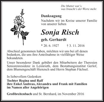 Traueranzeige von Sonja Risch von Südthüringer Presse