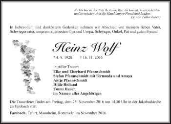 Traueranzeige von Heinz Wolf von Südthüringer Presse