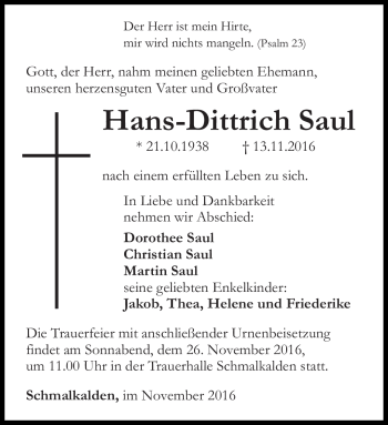 Traueranzeige von Hans-Dittrich Saul von Südthüringer Presse