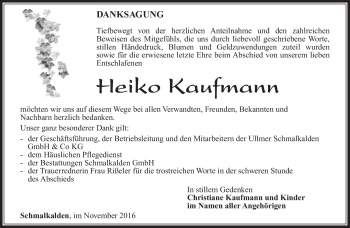 Traueranzeige von Heiko Kaufmann von Südthüringer Presse