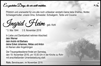 Traueranzeige von Ingrid Heim von Südthüringer Presse