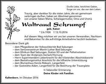 Traueranzeige von Waltraud Schrumpf von Südthüringer Presse