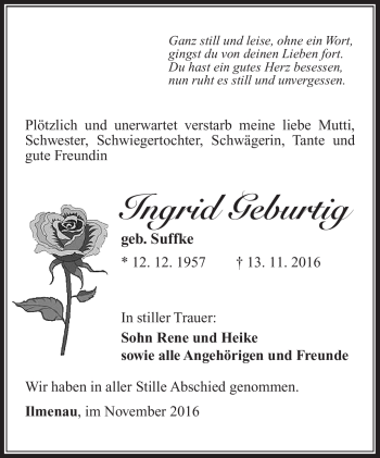 Traueranzeige von Ingrid Geburtig von Südthüringer Presse