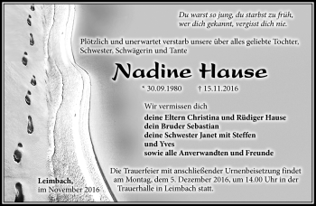 Traueranzeige von Nadine Hause von Südthüringer Presse