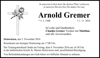 Traueranzeige von Arnold Gremer von Neue Presse Coburg