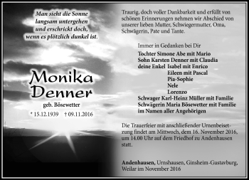 Traueranzeige von Monika Denner von Südthüringer Presse