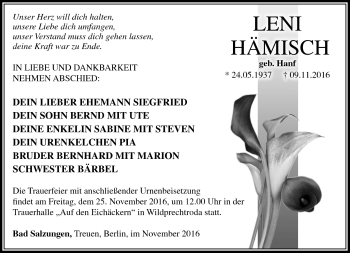 Traueranzeige von Leni Hämisch von Südthüringer Presse