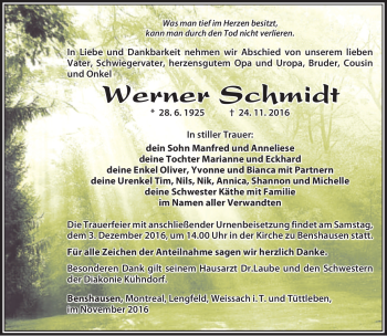 Traueranzeige von Werner Schmidt von Südthüringer Presse