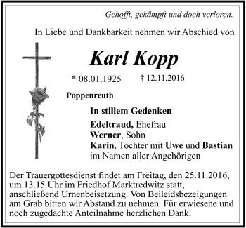 Traueranzeige von Karl Kopp von Frankenpost