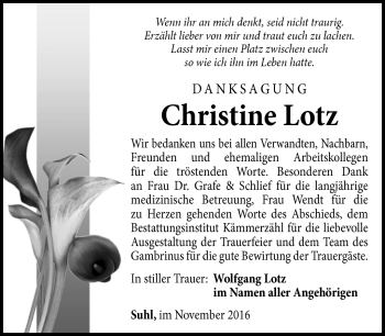 Traueranzeige von Christine Lotz von Südthüringer Presse