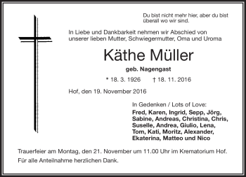 Traueranzeige von Käthe Müller von Frankenpost