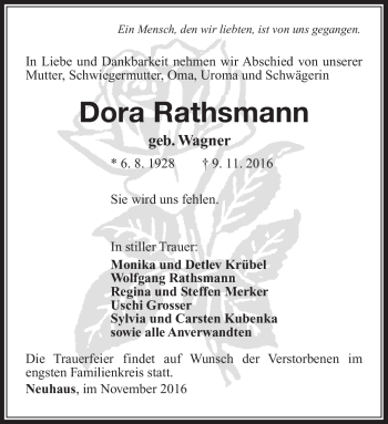 Traueranzeige von Dora Rathsmann von Südthüringer Presse