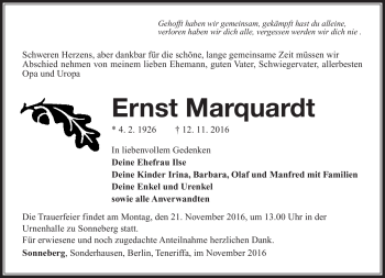 Traueranzeige von Ernst Marquardt von Südthüringer Presse