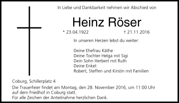 Traueranzeige von Heinz Röser von Neue Presse Coburg