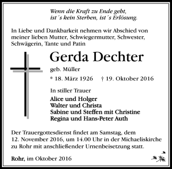 Traueranzeige von Gerda Dechter von Südthüringer Presse