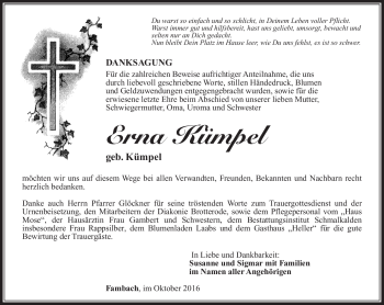 Traueranzeige von Erna Kümpel von Südthüringer Presse