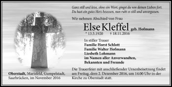 Traueranzeige von Else Kleffel von Südthüringer Presse