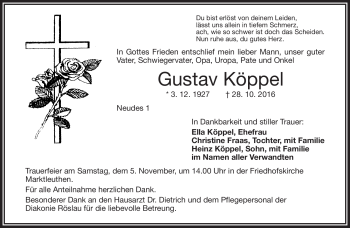 Traueranzeige von Gustav Köppel von Frankenpost
