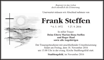 Traueranzeige von Frank Steffen von Südthüringer Presse