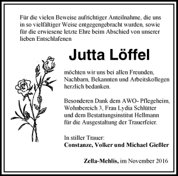 Traueranzeige von Jutta Löffel von Südthüringer Presse