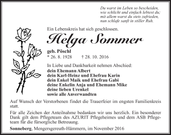 Traueranzeige von Helga Sommer von Südthüringer Presse