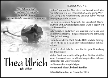Traueranzeige von Thea Ulrich von Südthüringer Presse