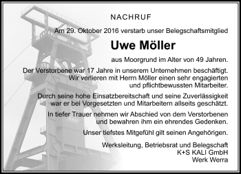 Traueranzeige von Uwe Möller von Südthüringer Presse