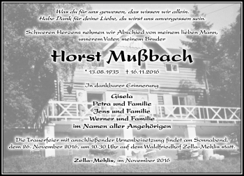 Traueranzeige von Horst Mußbach von Südthüringer Presse