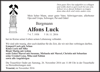 Traueranzeige von Alfons Bergmann von Südthüringer Presse