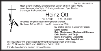 Traueranzeige von Heinz Ott von Frankenpost