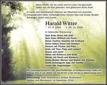 Traueranzeige von Harald Witter von Südthüringer Presse
