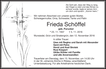 Traueranzeige von Frieda Schöffel von Frankenpost