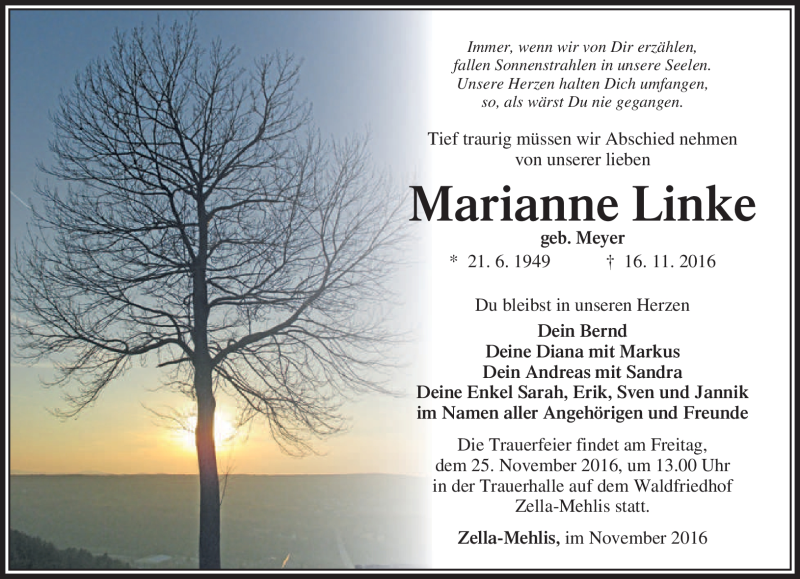 Traueranzeige für Marianne Linke vom 19.11.2016 aus Südthüringer Presse