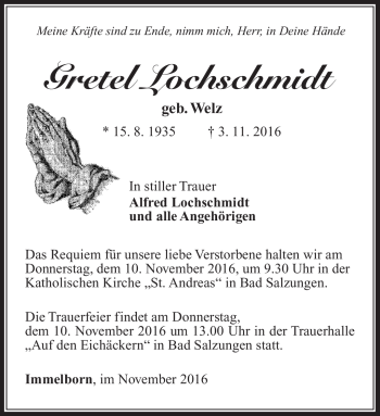 Traueranzeige von Gretel Lochschmidt von Südthüringer Presse
