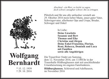 Traueranzeige von Wolfgang Bernhardt von Südthüringer Presse
