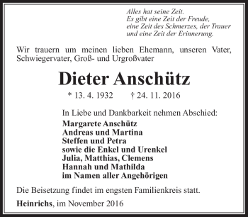 Traueranzeige von Dieter Anschütz von Südthüringer Presse
