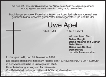 Traueranzeige von Uwe Apel von Neue Presse Coburg